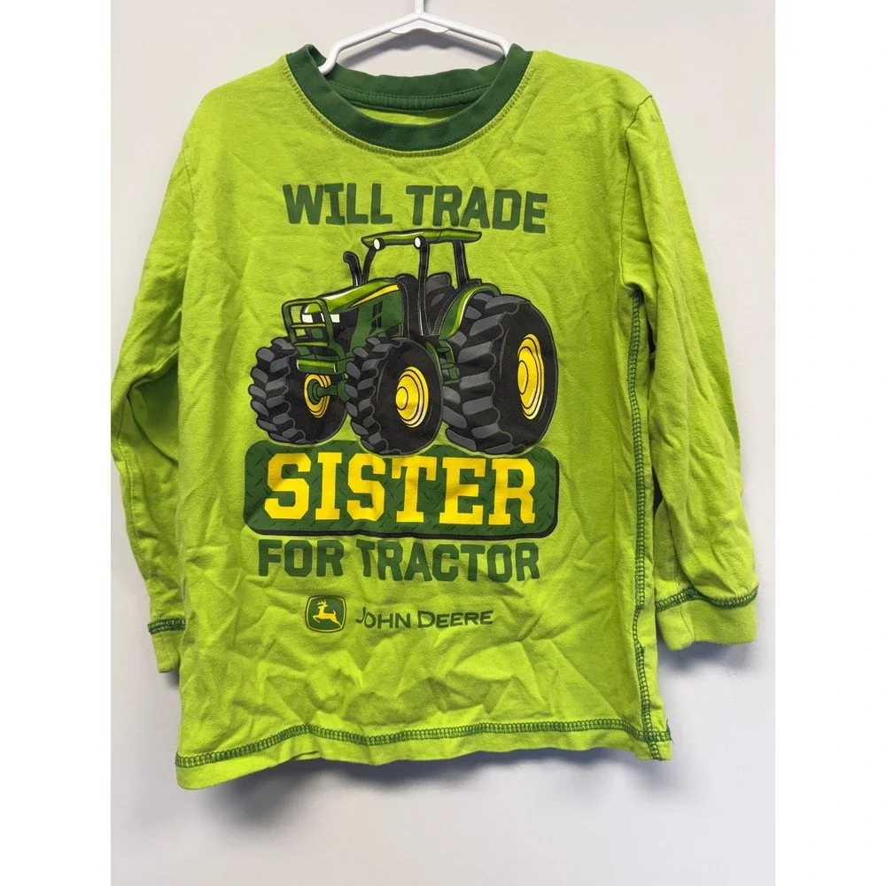 John Deere Boys Size 5 Lime Green Long Sleeve Will Trade Sister For Tractor Tee